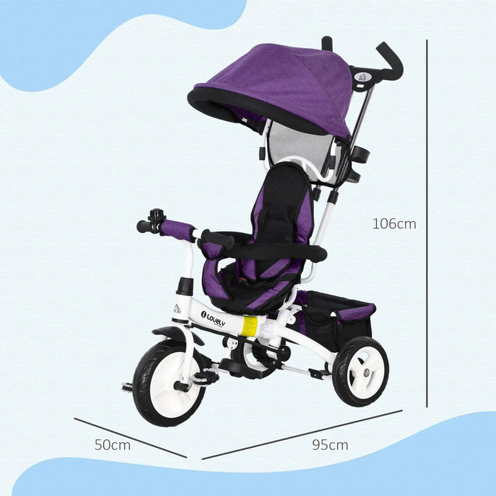 Purple and black baby tricycle with canopy on a light blue background