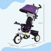 Purple and black baby tricycle with canopy on a light blue background