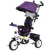 Purple and black baby tricycle with canopy on a white background