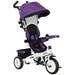 Purple and white tricycle with canopy on a white background