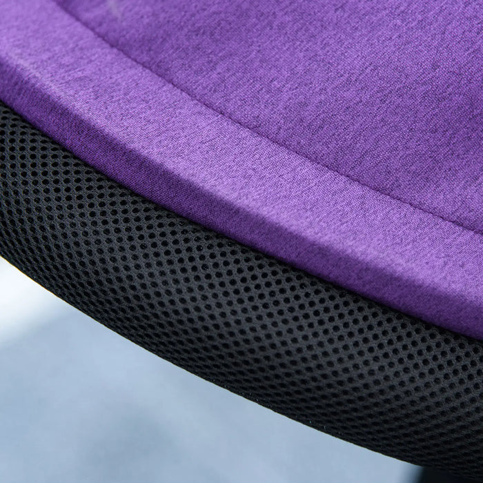 Close-up of a purple cushion with a black mesh backrest on a light blue background
