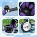 Collage of a purple children's bike with features highlighted on a blue background.