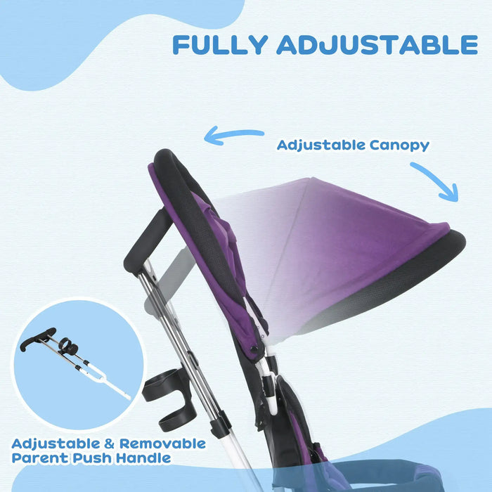 Baby stroller with adjustable canopy and parent push handle on a light blue background