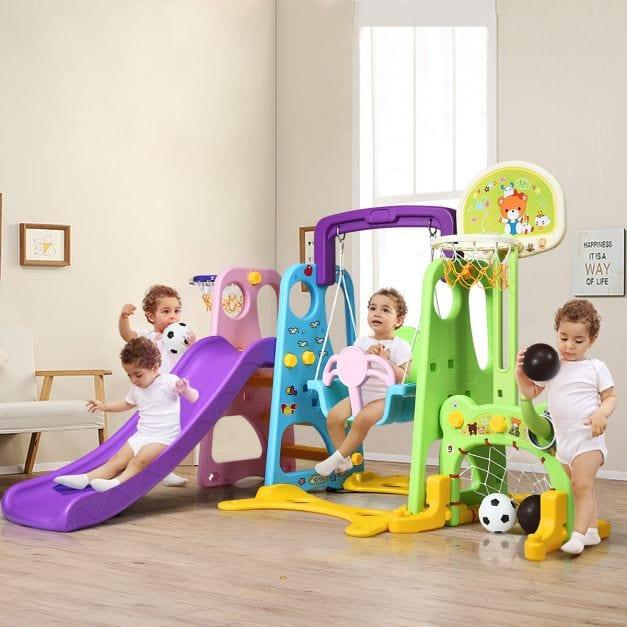 6-in-1 Multi-Functional Play Set with Slide, Swing, Basketball Hoop and Football Goal - Little and Giant Explorers Costway