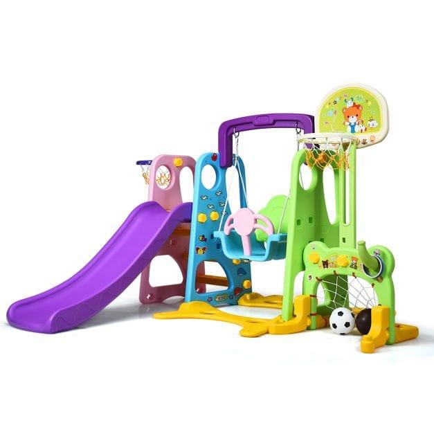 6-in-1 Multi-Functional Play Set with Slide, Swing, Basketball Hoop and Football Goal - Little and Giant Explorers Costway