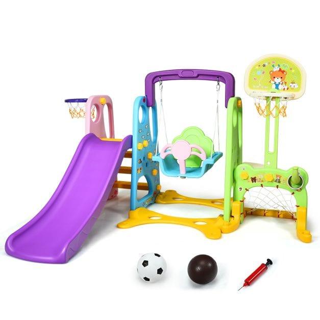 6-in-1 Multi-Functional Play Set with Slide, Swing, Basketball Hoop and Football Goal - Little and Giant Explorers Costway