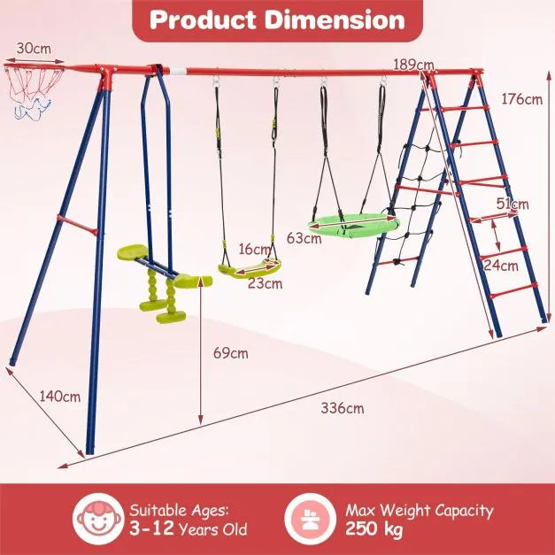 6-in-1 Swing Set with 2 Height-Adjustable Swings in Red - Little and Giant Explorers Costway