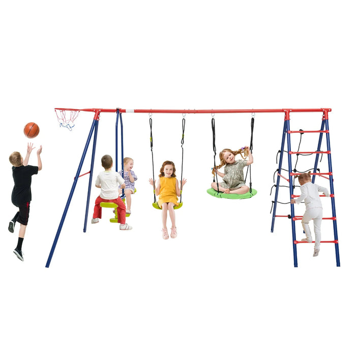 6-in-1 Swing Set with 2 Height-Adjustable Swings in Red - Little and Giant Explorers Costway