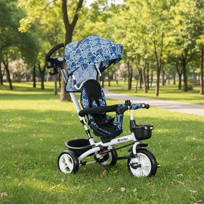 Children's tricycle with blue geometric patterned canopy in a park setting