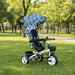 Children's tricycle with blue geometric patterned canopy in a park setting