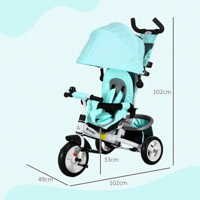 Children's tricycle with canopy and measurements on a light blue background