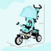 Children's tricycle with canopy and measurements on a light blue background