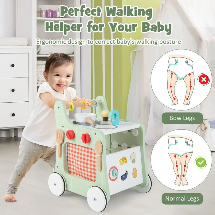 Baby walking helper with educational graphics on correct and incorrect walking posture.