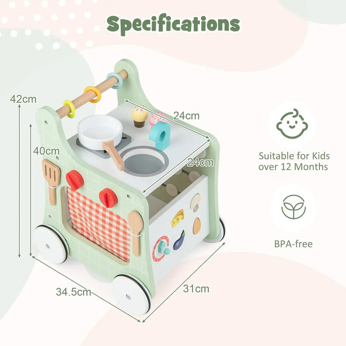 Wooden toy kitchen set with dimensions and safety features on a light background