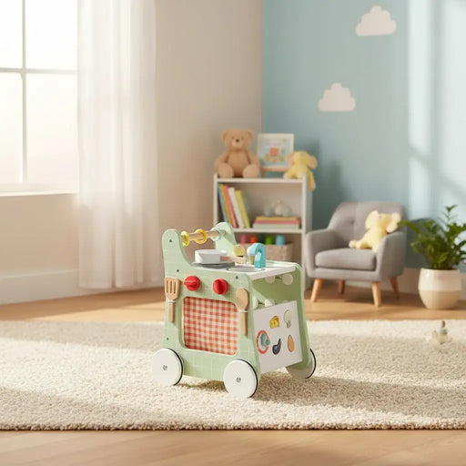 Children's toy cart in a room with toys and furniture