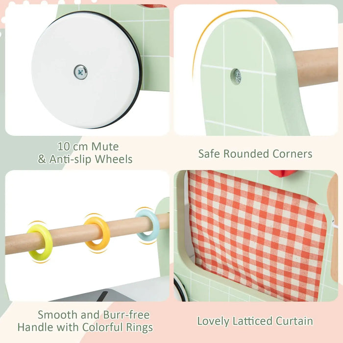 Collage of a green curtain rod holder with features highlighted.