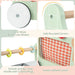 Collage of a green curtain rod holder with features highlighted.