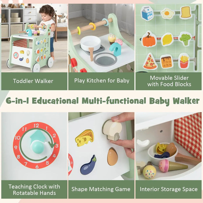 Collage of a 6-in-1 educational multi-functional baby walker with various features.