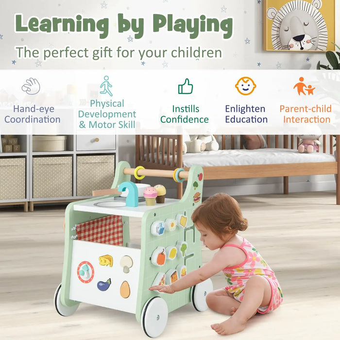 Child playing with a toy cart in a room with educational text about benefits.