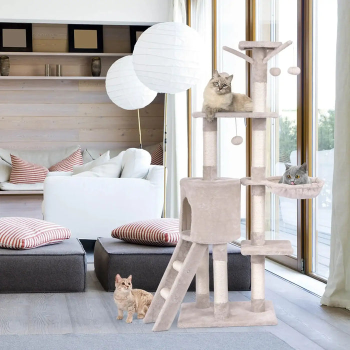 Cat tree with cats in a modern living room