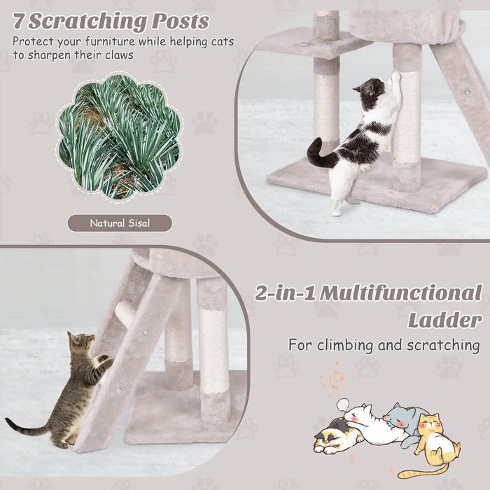 Cat climbing post with scratching posts and text describing its features