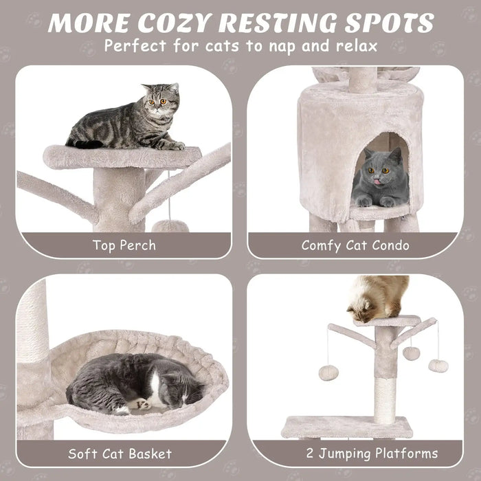 Cat tree with various resting spots for cats to nap and relax, featuring text on a gray background.
