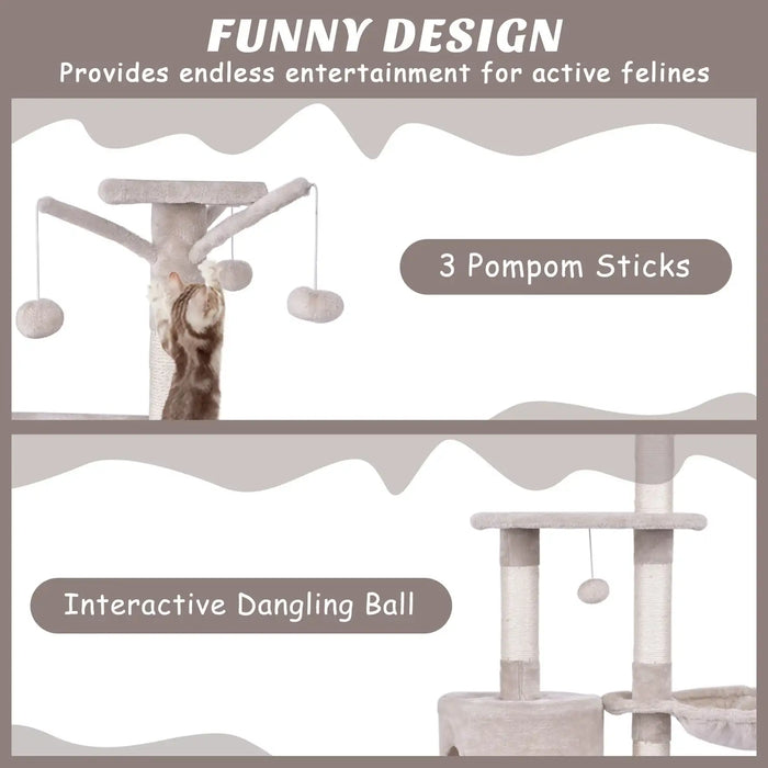 Cat playing with a cat tree with pom-pom sticks and a dangling ball, labeled 'FUNNY DESIGN' and 'Provides endless entertainment for active felines'.
