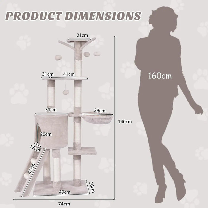 Dimensions of a cat tree with a silhouette of a person for scale.