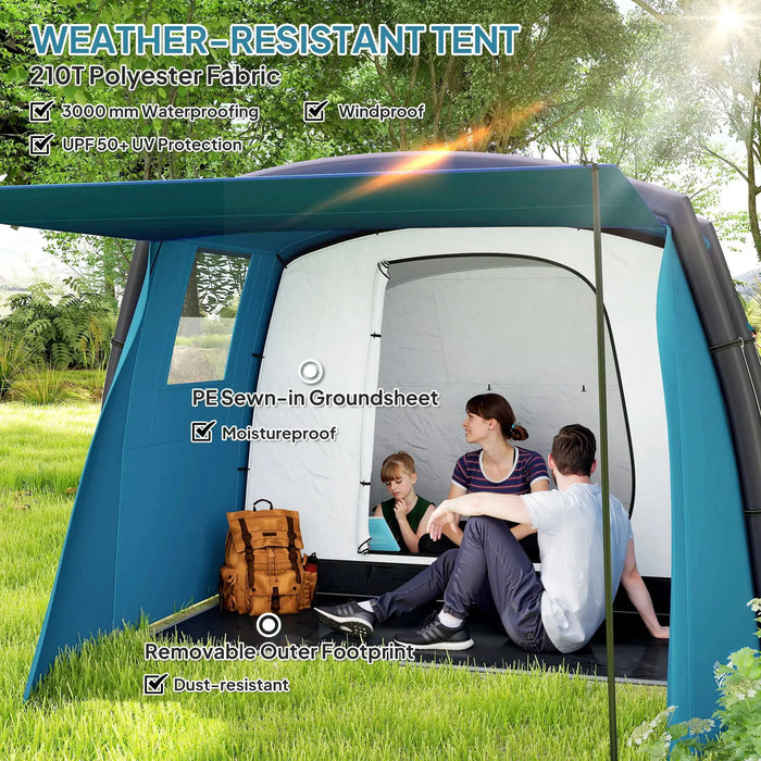 6 Person Inflatable Tent | Blue with TPU Air Beams and Removable Groundsheet - Little and Giant Explorers Outsunny
