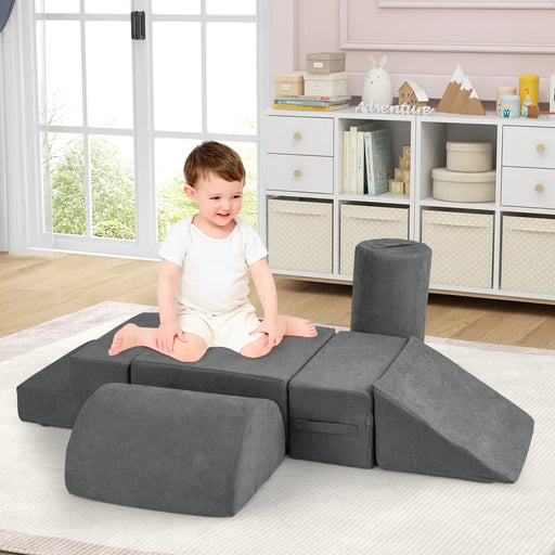 6-Piece Baby Climbing Blocks – Grey | Soft Play Modular Set - Chenille Fabric COSTWAY - Little and Giant Explorers Costway