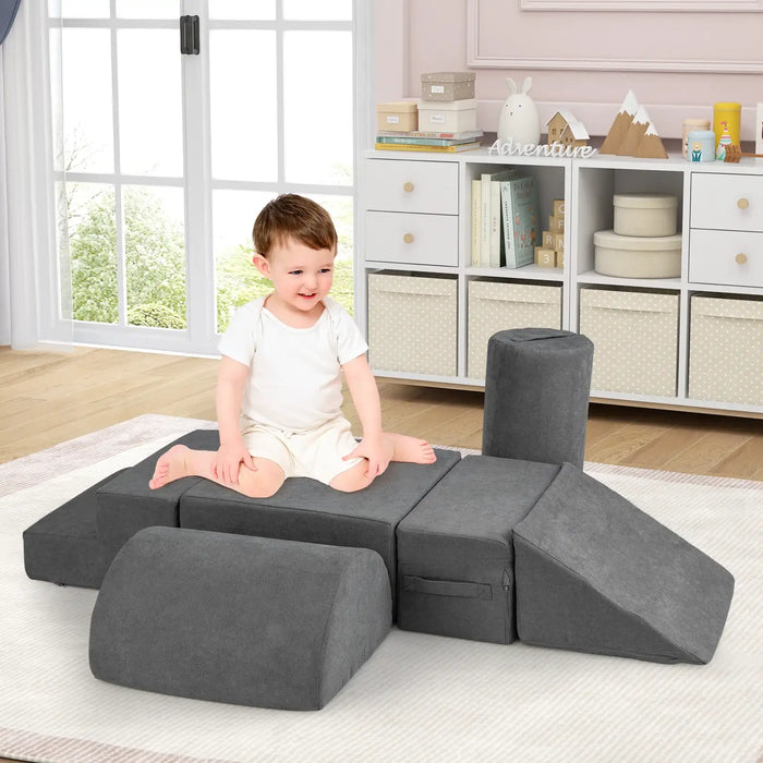6-Piece Baby Climbing Blocks – Grey | Soft Play Modular Set - Chenille Fabric COSTWAY - Little and Giant Explorers Costway