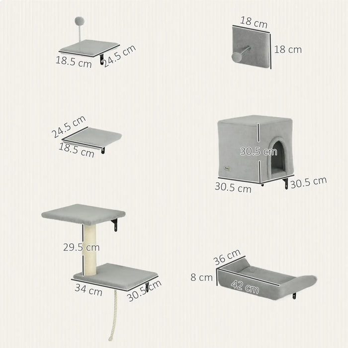 6-Piece Cat Wall Shelves Set with Condo in Grey - Little and Giant Explorers PawHut