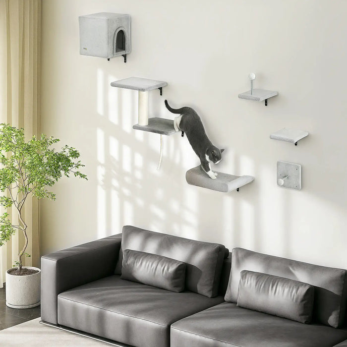 6-Piece Cat Wall Shelves Set with Condo in Grey - Little and Giant Explorers PawHut