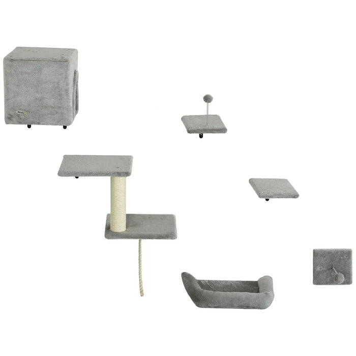 6-Piece Cat Wall Shelves Set with Condo in Grey - Little and Giant Explorers PawHut