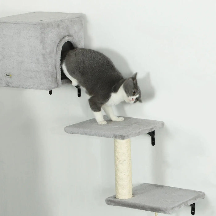 6-Piece Cat Wall Shelves Set with Condo in Grey - Little and Giant Explorers PawHut