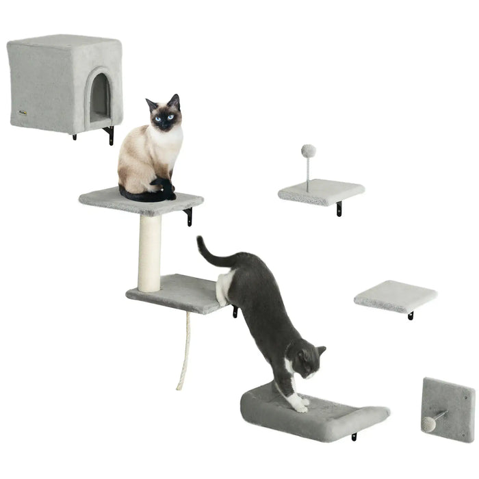 6-Piece Cat Wall Shelves Set with Condo in Grey - Little and Giant Explorers PawHut
