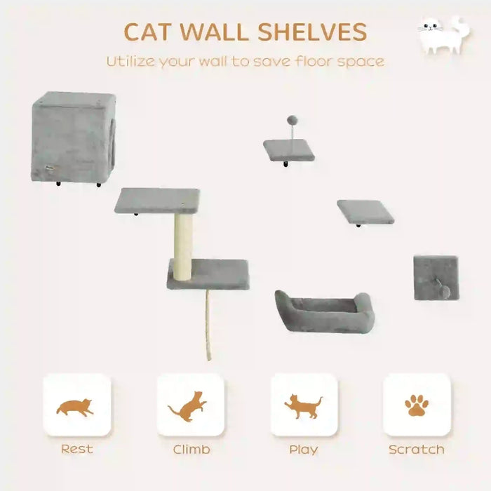 6-Piece Cat Wall Shelves Set with Condo in Grey - Little and Giant Explorers PawHut