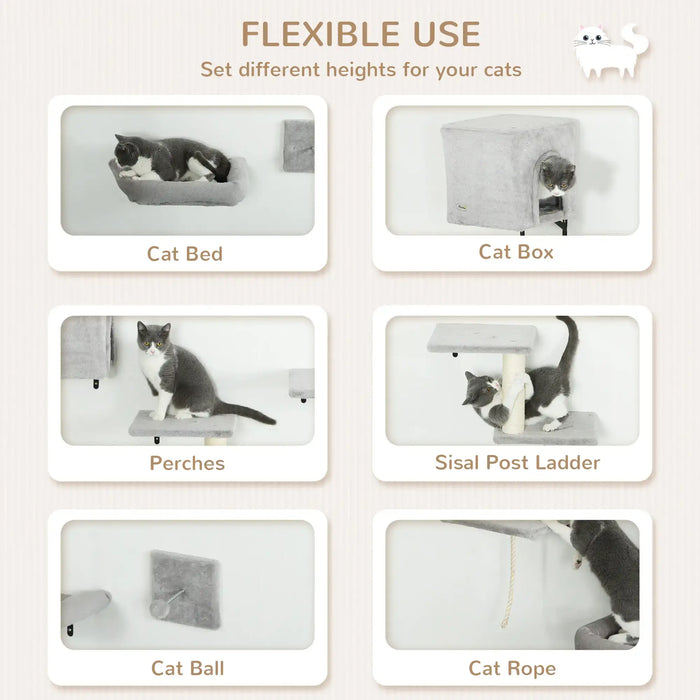 6-Piece Cat Wall Shelves Set with Condo in Grey - Little and Giant Explorers PawHut