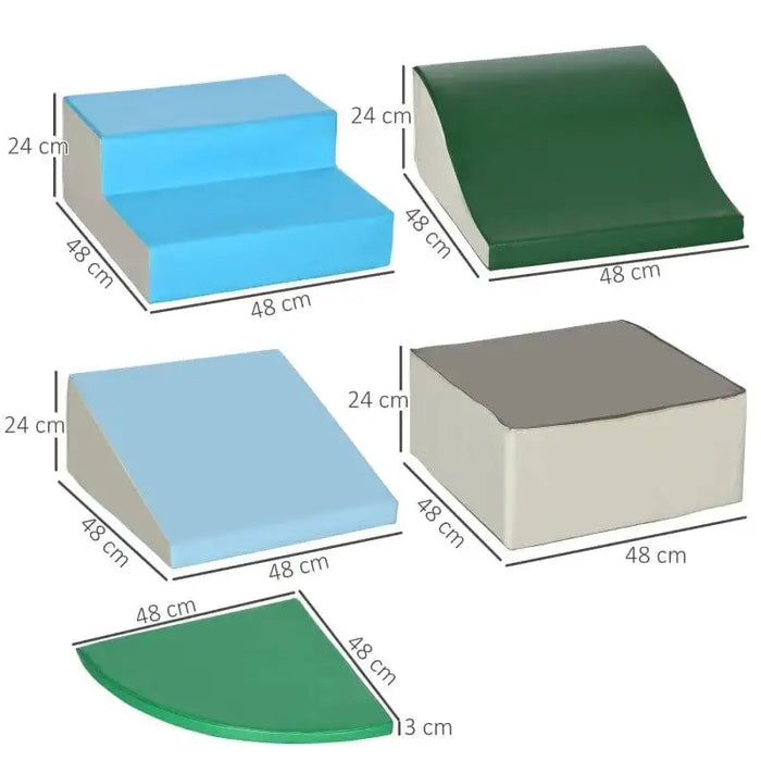 6-piece kids soft playset with multicolour foam blocks and dimensions labeled