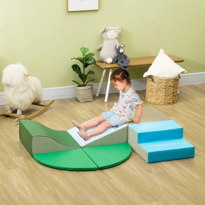 Toddler playing on multi-colour foam soft playset blocks in a kids room