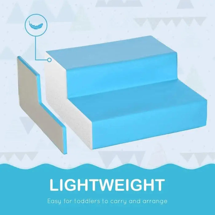Blue and white lightweight foam step block for kids soft play, toddler-friendly design