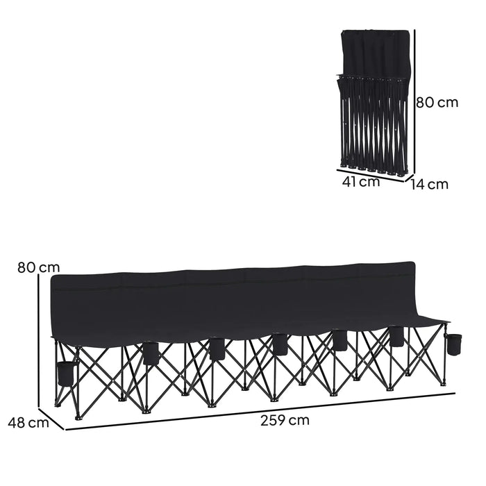Black 6-seater folding sports bench with cup holders, shown open and folded, with dimensions.