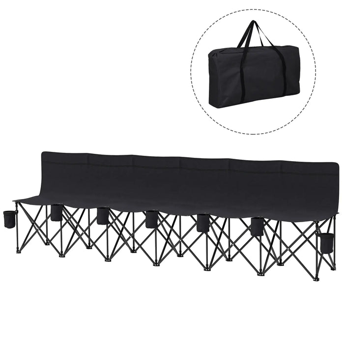 6-seater black folding sports bench with cup holders and carry bag, portable team sideline chair