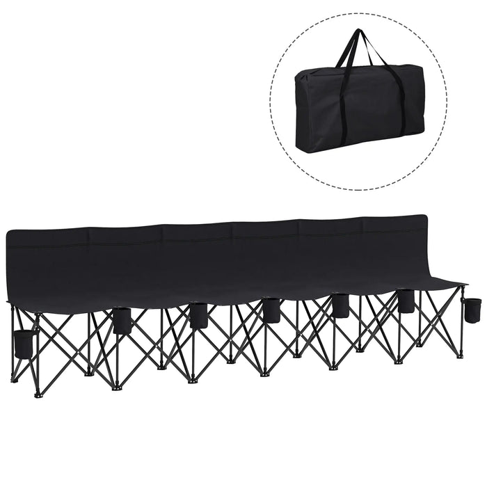 Black 6-seater folding sports bench with cup holders and matching carry bag