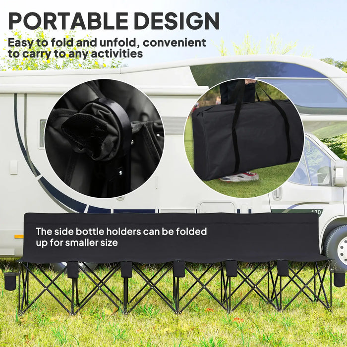 6-seater black folding sports bench with cup holders, portable design shown near an RV