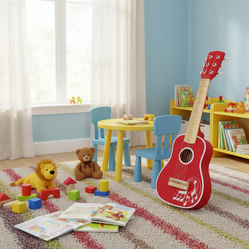 Red kids acoustic guitar with musical notes in colorful playroom with toys and books