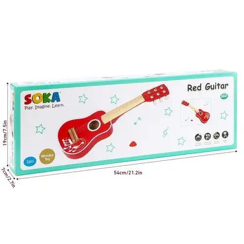 SOKA kids red 6-string acoustic guitar in box, 53cm beginner musical toy, packaging front view