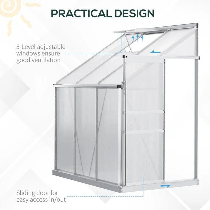 6 x 4ft Lean to Wall Walk-in Garden Greenhouse with Adjustable Roof Vent, Rain Gutter and Sliding Door - Little and Giant Explorers Outsunny