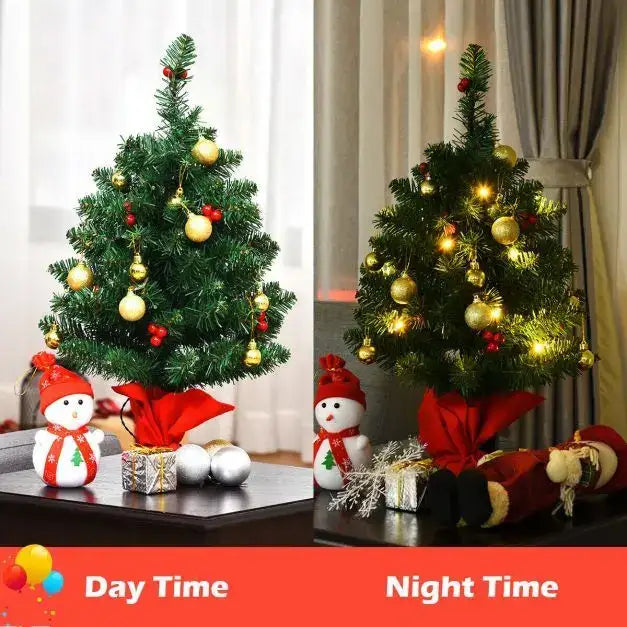60cm Christmas Tree – Tabletop Pre-Lit Tree | Red Berries and Golden Balls COSTWAY - Little and Giant Explorers Costway