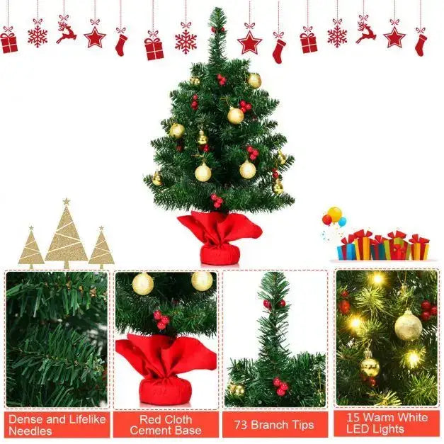 60cm Christmas Tree – Tabletop Pre-Lit Tree | Red Berries and Golden Balls COSTWAY - Little and Giant Explorers Costway